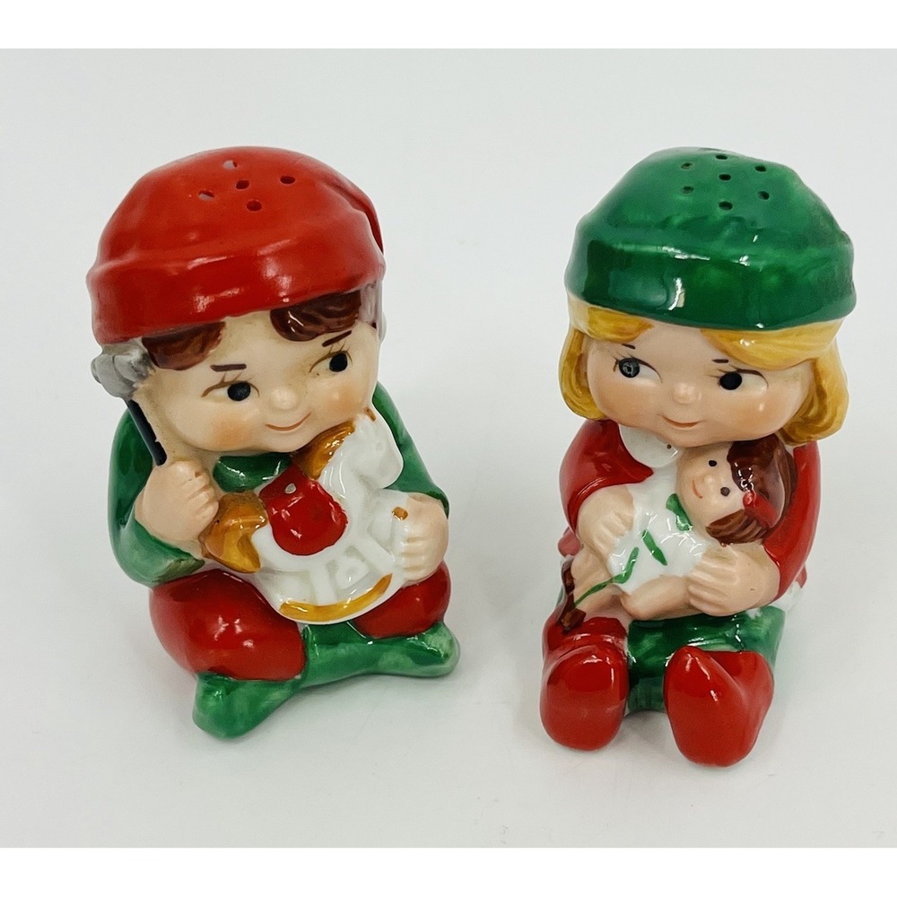 Vintage Avon 1983 Ceramic Boy Girl Elf Christmas Salt and Pepper Shakers